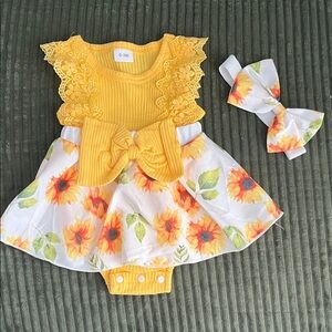 Yellow Sunflower Baby Dress with Headband